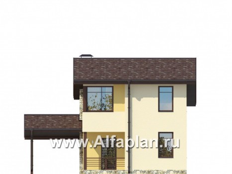 Проект каркасного двухэтажного дома, с террасой, планировка 3 спальни, с навесом для авто - превью фасада дома