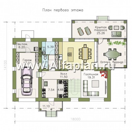 «Земляничная поляна» - проект двухэтажного дома, с большой верандой, мастер спальня, с гаражом - превью план дома