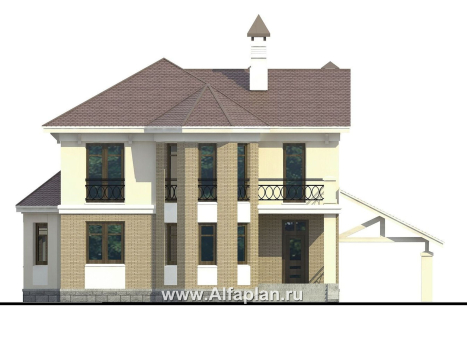 «Классика» -  проект двухэтажного дома с эркером и с навесом для авто - превью фасада дома