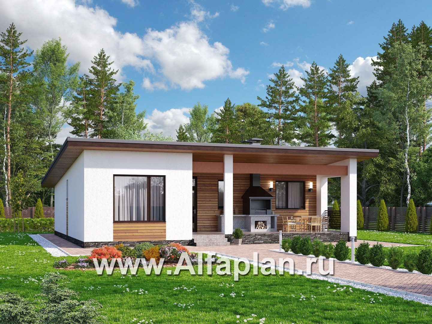 Проекты домов Альфаплан - «Эпсилон» - уютный каркасный дом с просторной террасой - основное изображение