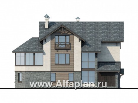 Проект трехэтажного дома, с гаражом и сауной, с террасой, цокольный этаж на уровне земли - превью фасада дома