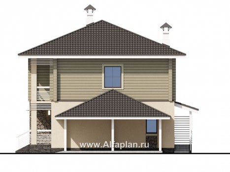 «АльфаВУД» - проект двухэтажного дома, из газобетона и клееного бруса, с террасой и навесом для авто - превью фасада дома