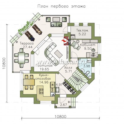 NotaBene - проект двухэтажного дома, с террасой и кабинетом, с оригинальным планом по диагонали - превью план дома