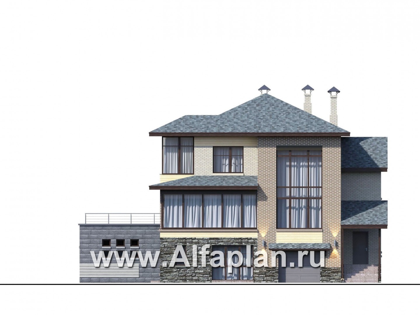 «Амур» - проект трехэтажного дома, с  гаражом в цоколе и с сауной, с двусветной гостиной - фасад дома