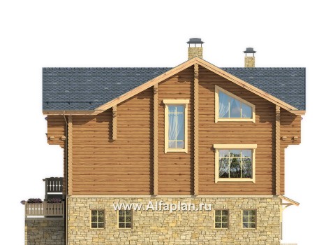 «Традиция» - проект дом с мансардой из бревен, на каменном цоколе,  для участков с рельефом - превью фасада дома