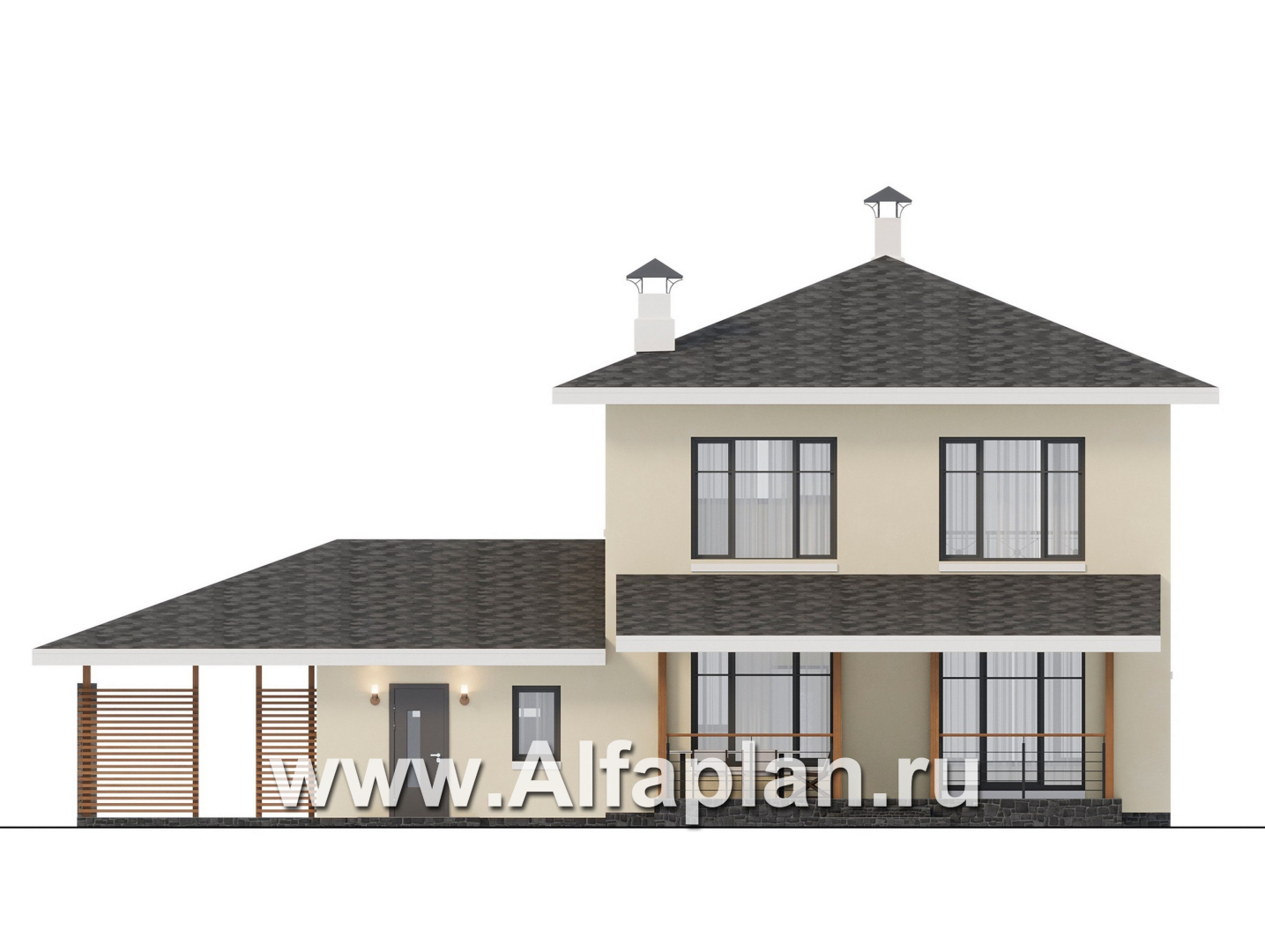 Проекты домов Альфаплан - "Остров сокровищ" - проект экономичного дома с гаражом и навесом для автомобилей - изображение фасада №4