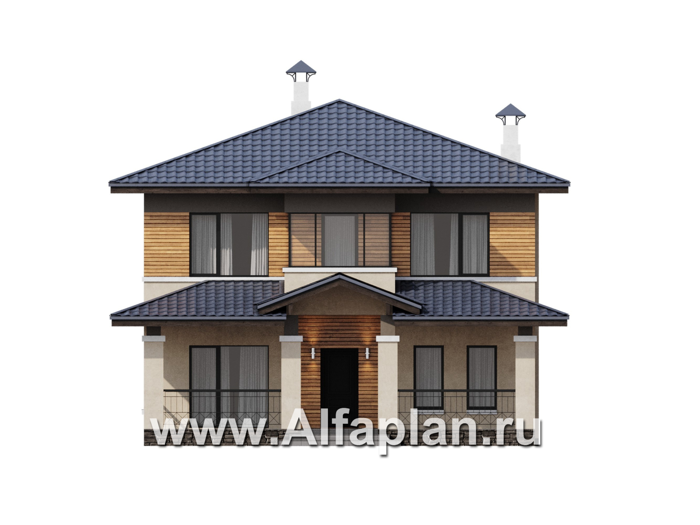 Проекты домов Альфаплан - "Невада" - проект дома из газобетона в стиле Райта - изображение фасада №1