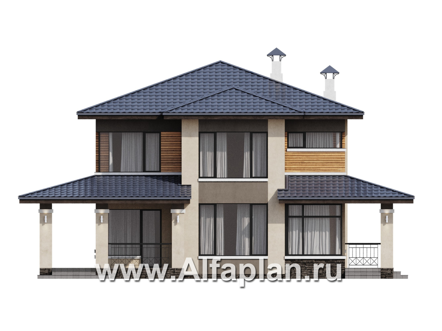 Проекты домов Альфаплан - "Монтана" - проект двухэтажного дома из кирпичей в стиле Райта - изображение фасада №1