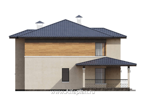 Проекты домов Альфаплан - "Монтана" - проект двухэтажного дома из кирпичей в стиле прерий (Райта) - превью фасада №3