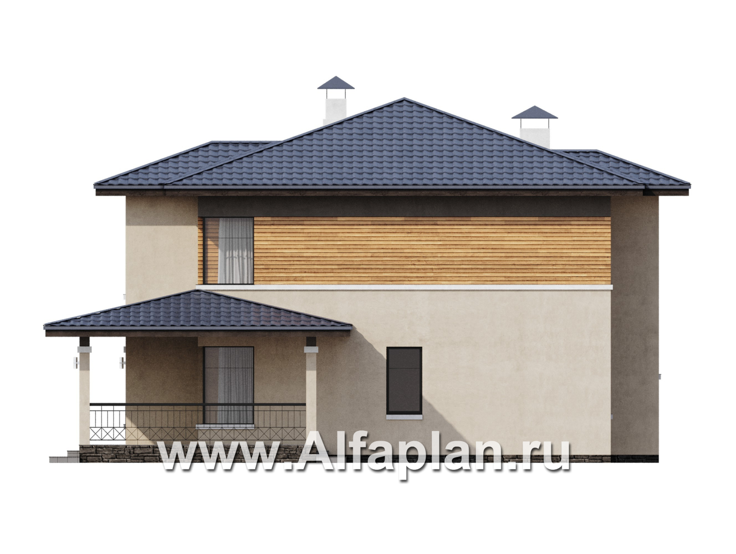 Проекты домов Альфаплан - "Монтана" - проект двухэтажного дома из кирпичей в стиле Райта - изображение фасада №2