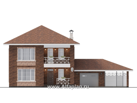 Проекты домов Альфаплан - "Сайма" - двухэтажный дом из кирпичей в баварском стиле, с гаражом - превью фасада №1