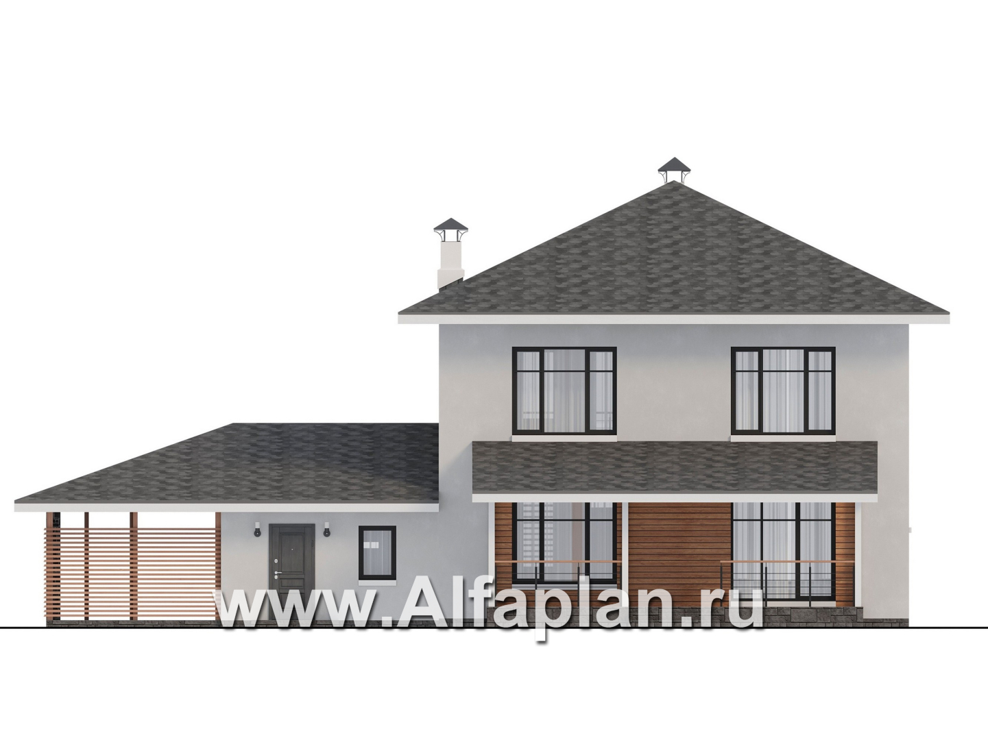 Проекты домов Альфаплан - "Вуокса" - современный двухэтажный коттедж, штукатурные фасады, с гаражом - изображение фасада №4