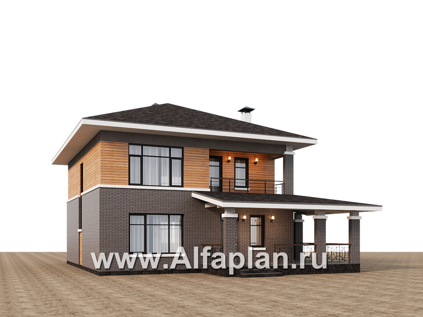 Проекты домов Альфаплан - "Отрадное" - дизайн дома в стиле Райта, с террасой на главном фасаде - дополнительное изображение №6
