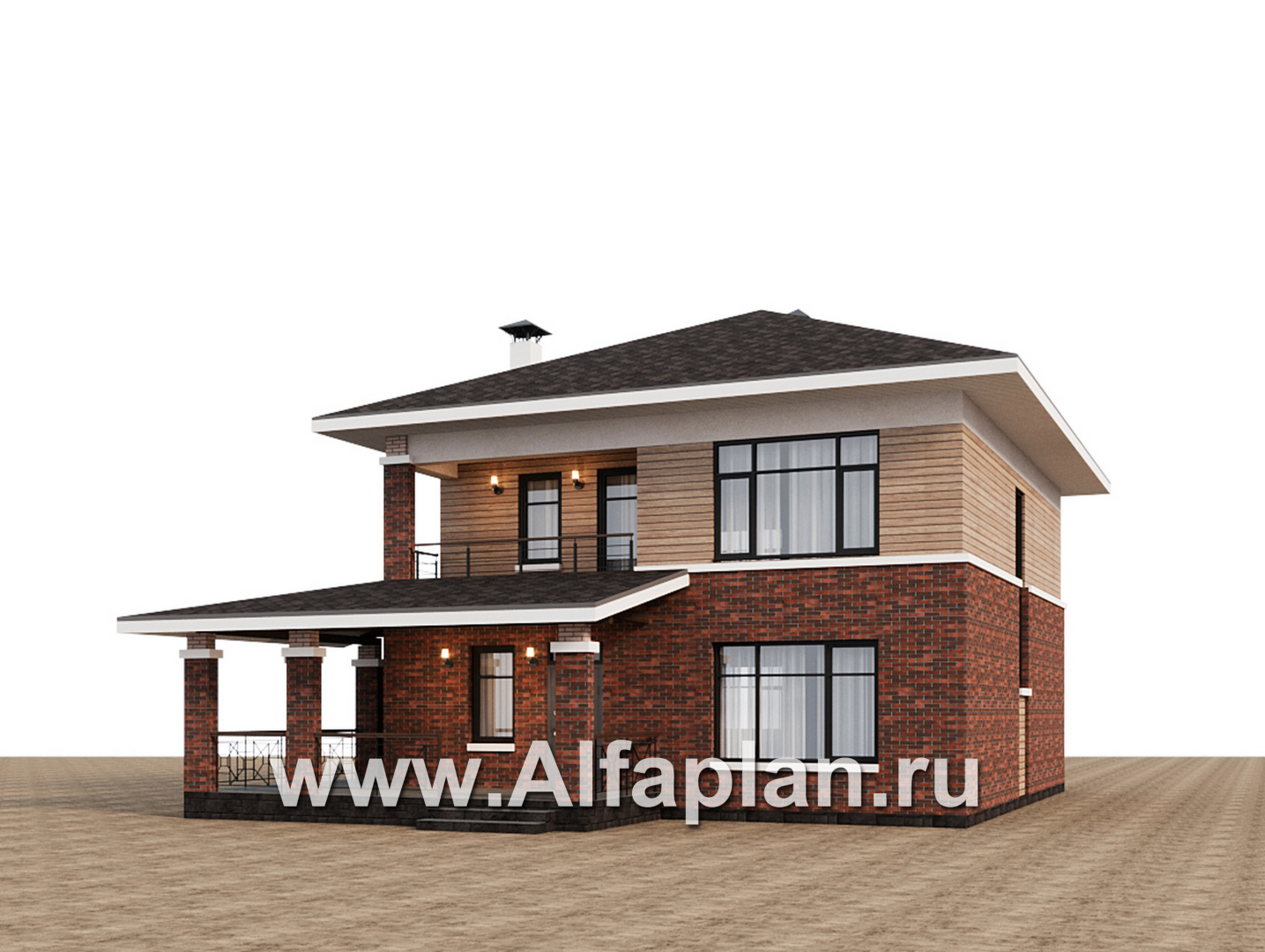 Проекты домов Альфаплан - "Отрадное" - дизайн дома в стиле Райта, с террасой на главном фасаде - дополнительное изображение №4