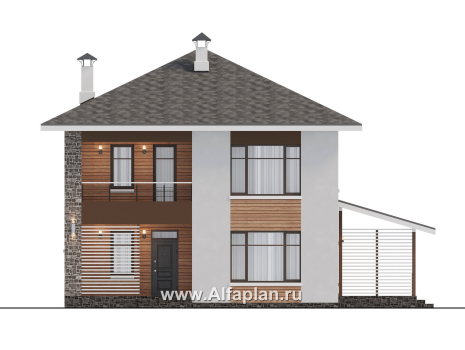 «Ильмень» - современный проект двухэтажного дома из кирпичей, с террасой на боковом фасаде - превью фасада дома
