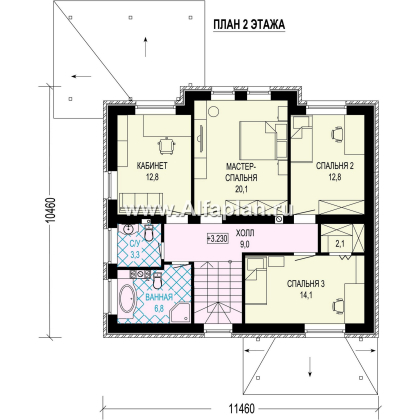 Проект двухэтажного дома из керамических блоков, ланировка в кабинетом на 1 эт, с террасой, в современном стиле - превью план дома
