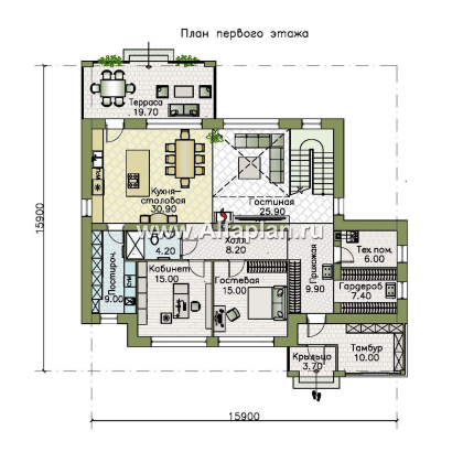 «Серебряный луч» - проект двухэтажного дома, планировка две спальни на 1эт, лестница и второй свет в гостиной, в современном стиле - превью план дома