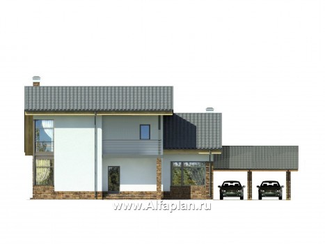 Проект дома с мансардой, план со спальней на 1 эт и мастер спальня на 2 эт, с террасой и навесом на 2 авто, в современном стиле - превью фасада дома