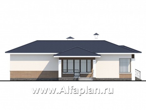 «Пассия» - проект одноэтажного дома, с террасой и с гаражом, с угловым окном в современном стиле - превью фасада дома