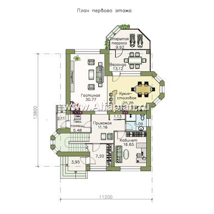 «Бестужев» - проект двухэтажного коттеджа, с эркером и с террасой, план дома с кабинетом на 1 эт - превью план дома