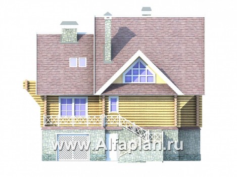 Проект дома с мансардой из бревен, с цокольным этажом, гараж и сауна   цоколе - превью фасада дома