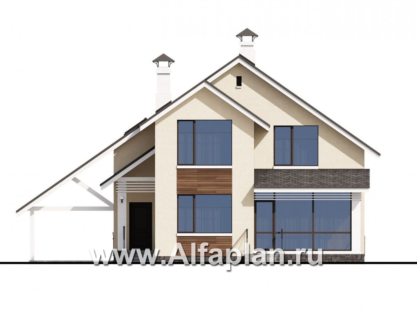 Проекты домов Альфаплан - «Реалист» - загородный дом с верандой и навесом для машины - изображение фасада №1