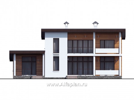 «Сезанн» - современный проект двухэтажного дома с террасой и с балконом, пристройка с сауной или квартирой,  с односкатной кровлей - превью фасада дома